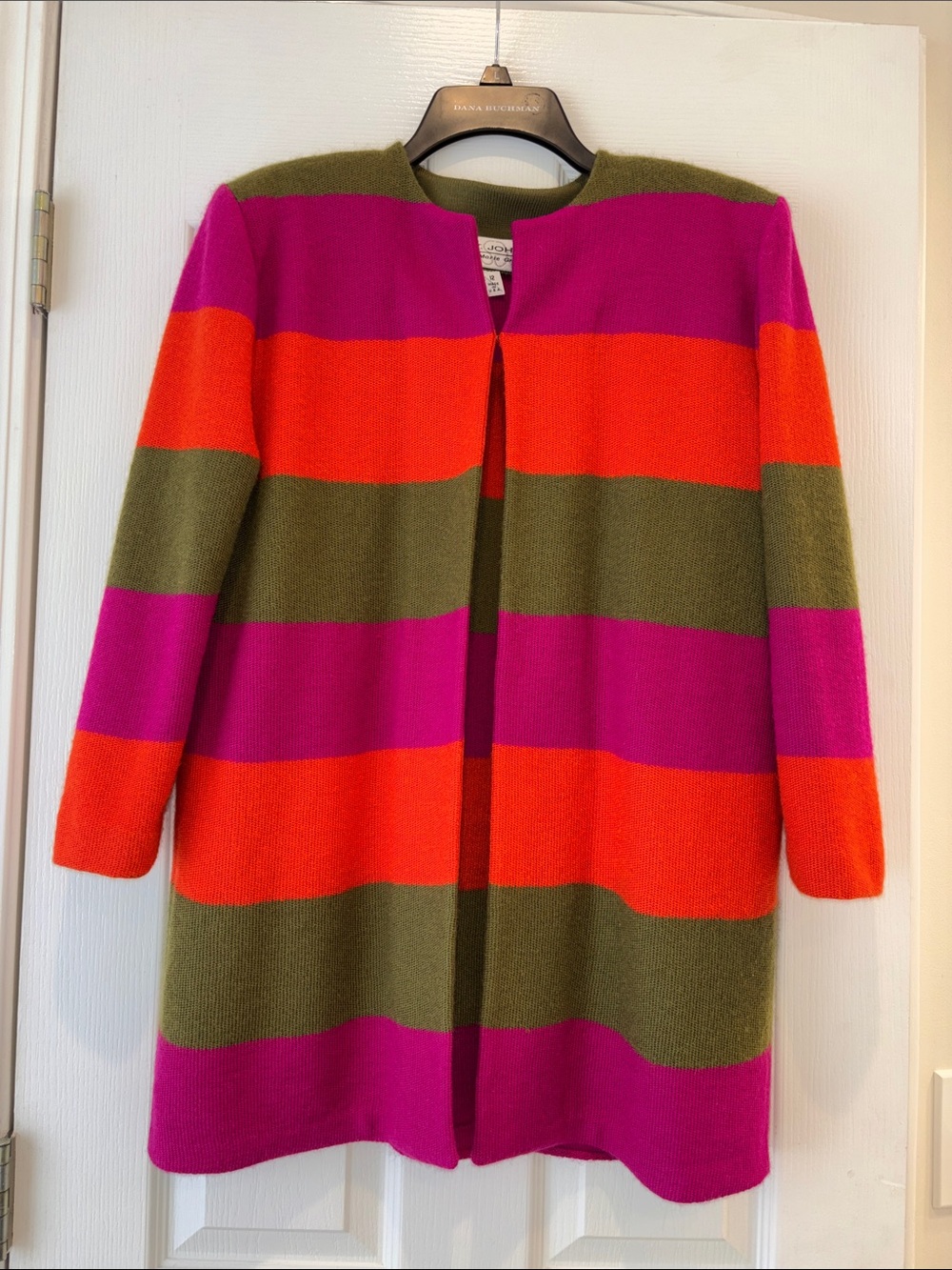 -St. John by Marie Gray Striped Open Cardigan in Fuchsia, Orange & Olive